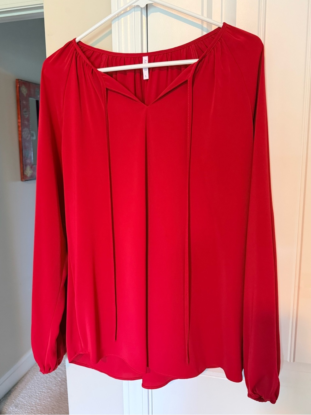 Women’s Red Long-Sleeve Tie-Neck Blouse